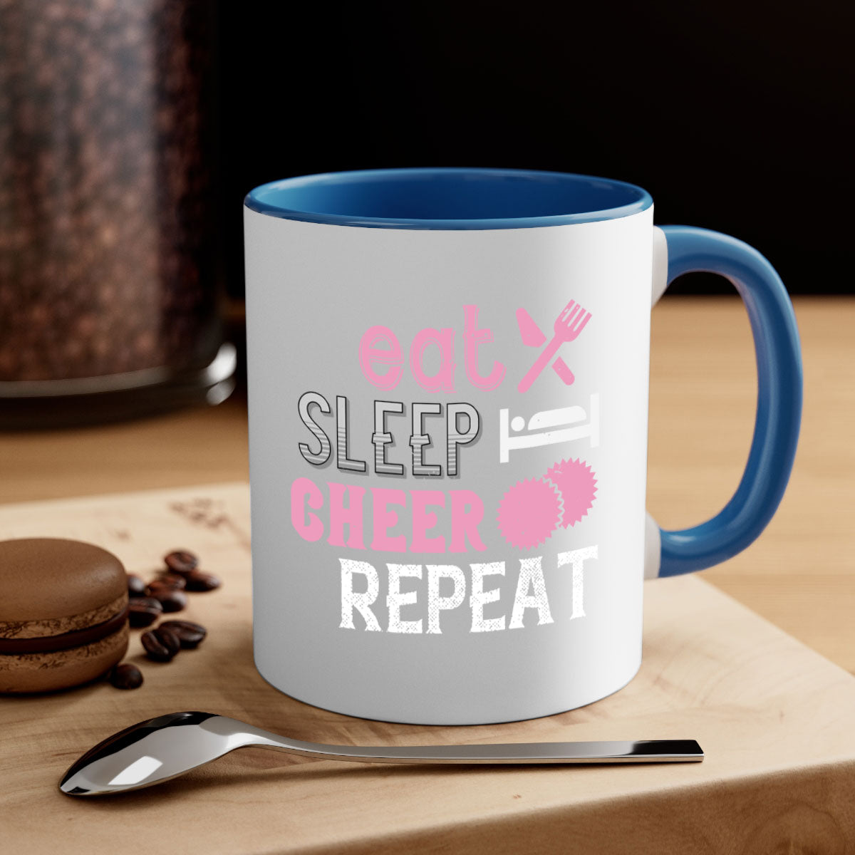 Eat Sleep Cheer Repeat 1316# Mug with colorful handle and glossy finish, available in multiple colors and sizes.