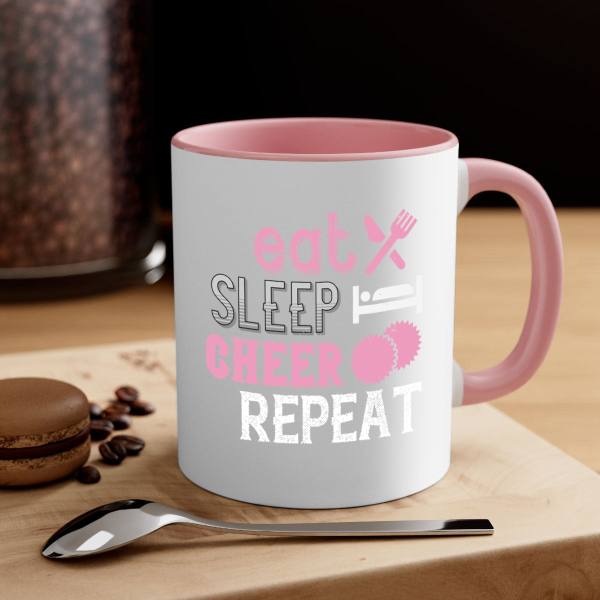 Eat Sleep Cheer Repeat 1316# Mug with colorful handle and glossy finish, available in multiple colors and sizes.