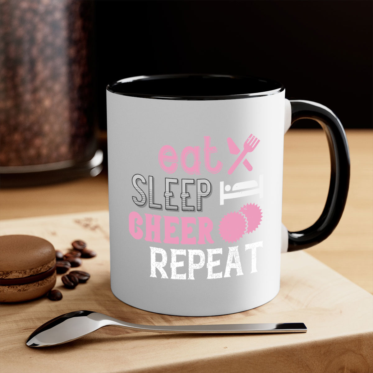 Eat Sleep Cheer Repeat 1316# Mug with colorful handle and glossy finish, available in multiple colors and sizes.