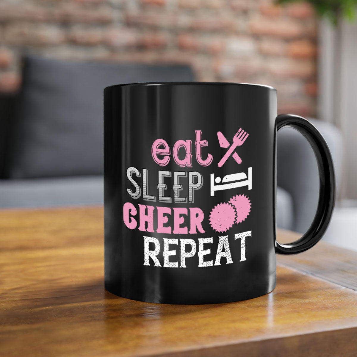 Eat Sleep Cheer Repeat 1316# Mug with colorful handle and glossy finish, available in multiple colors and sizes.