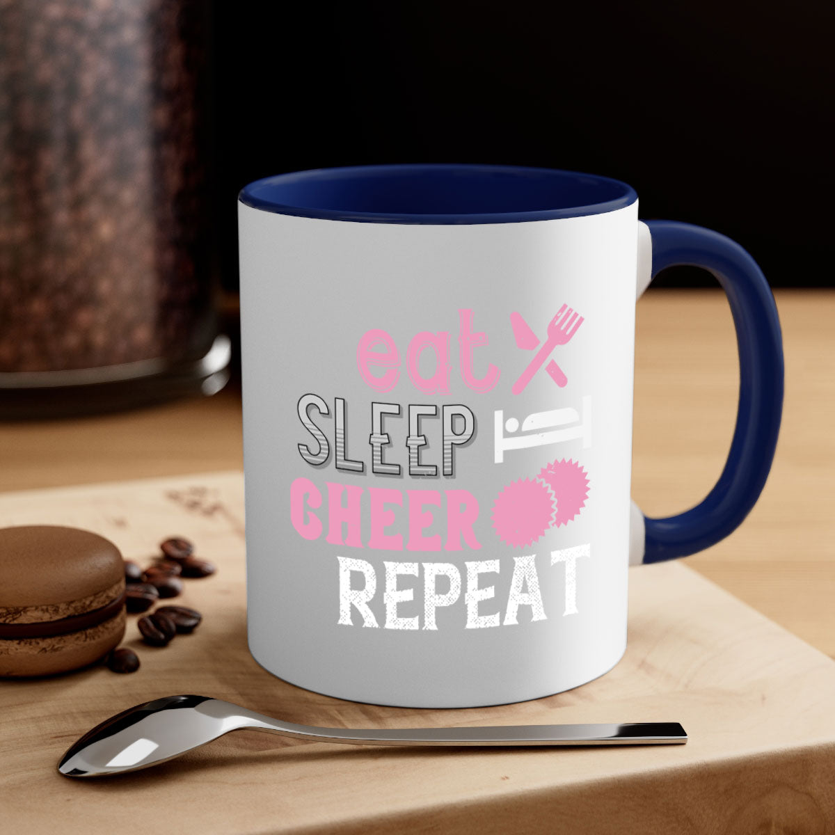 Eat Sleep Cheer Repeat 1316# Mug with colorful handle and glossy finish, available in multiple colors and sizes.