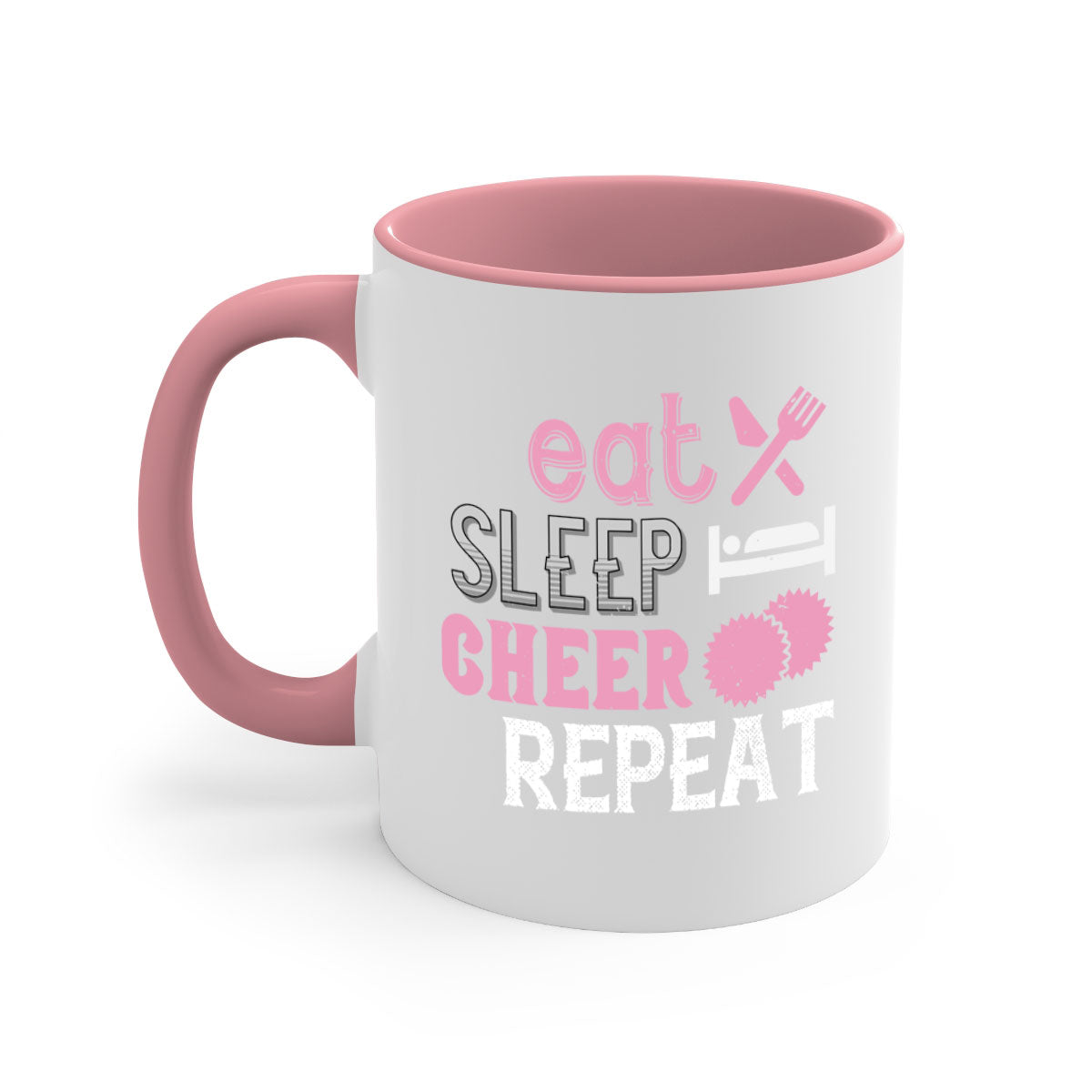 Eat Sleep Cheer Repeat 1316# Mug with colorful handle and glossy finish, available in multiple colors and sizes.