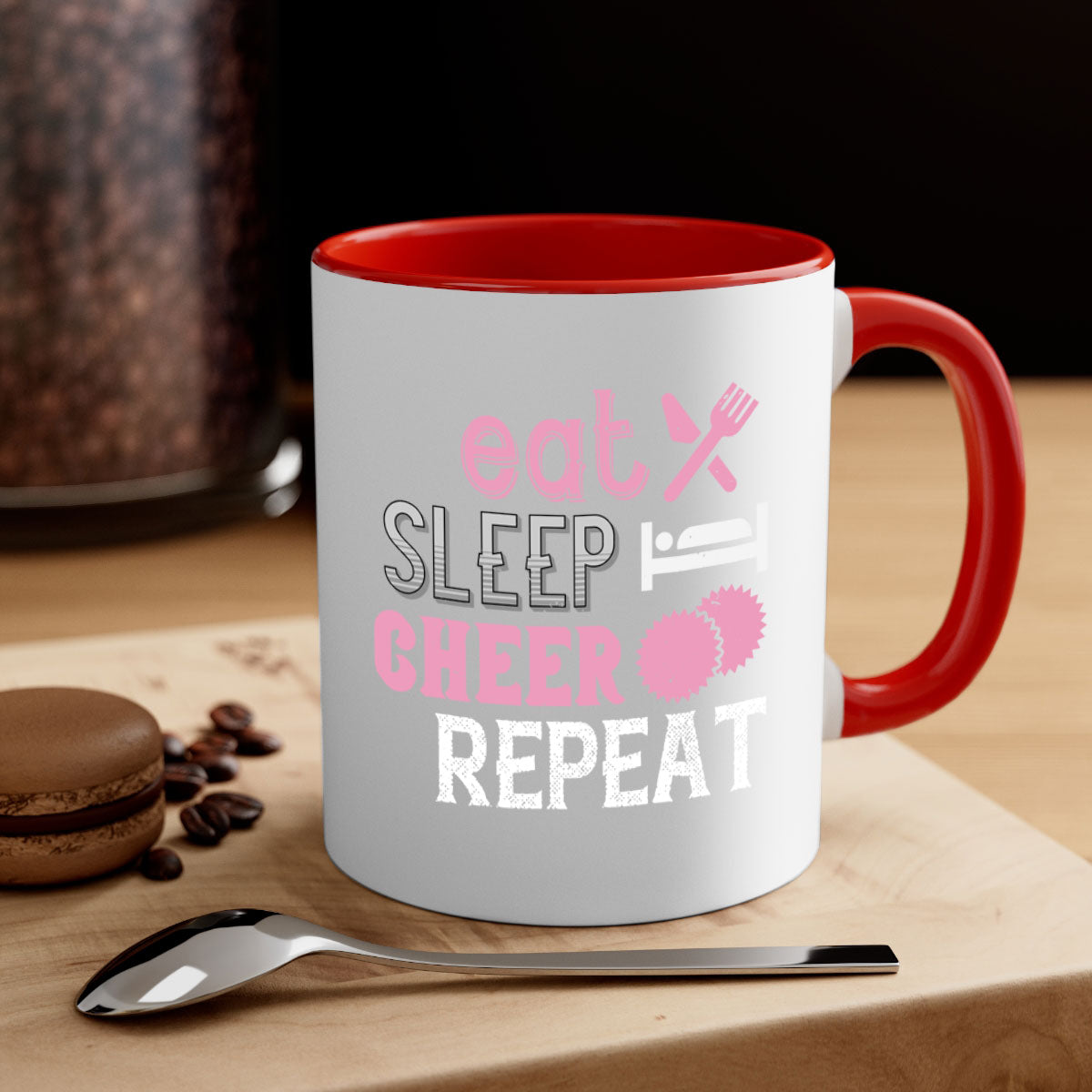 Eat Sleep Cheer Repeat 1316# Mug with colorful handle and glossy finish, available in multiple colors and sizes.