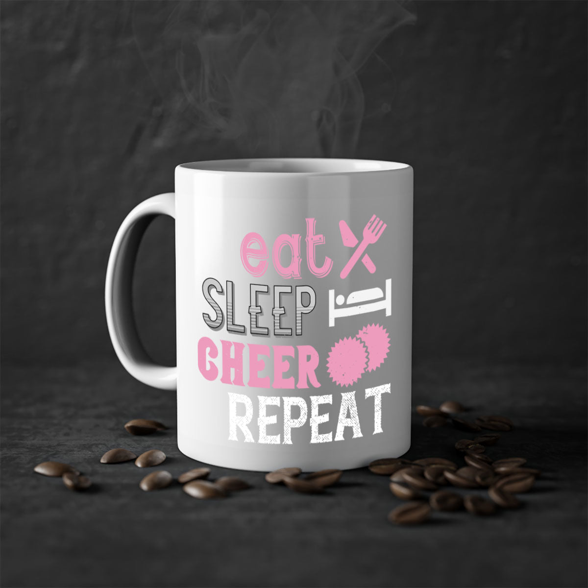 Eat Sleep Cheer Repeat 1316# Mug with colorful handle and glossy finish, available in multiple colors and sizes.
