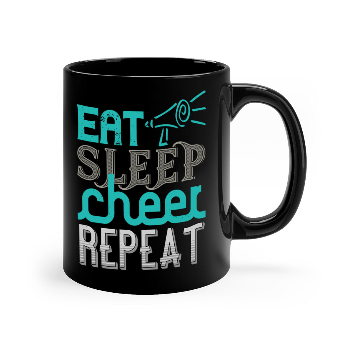Eat Sleep Cheer Repeat Mug with colorful handle and interior, showcasing a glossy finish and available in multiple colors.