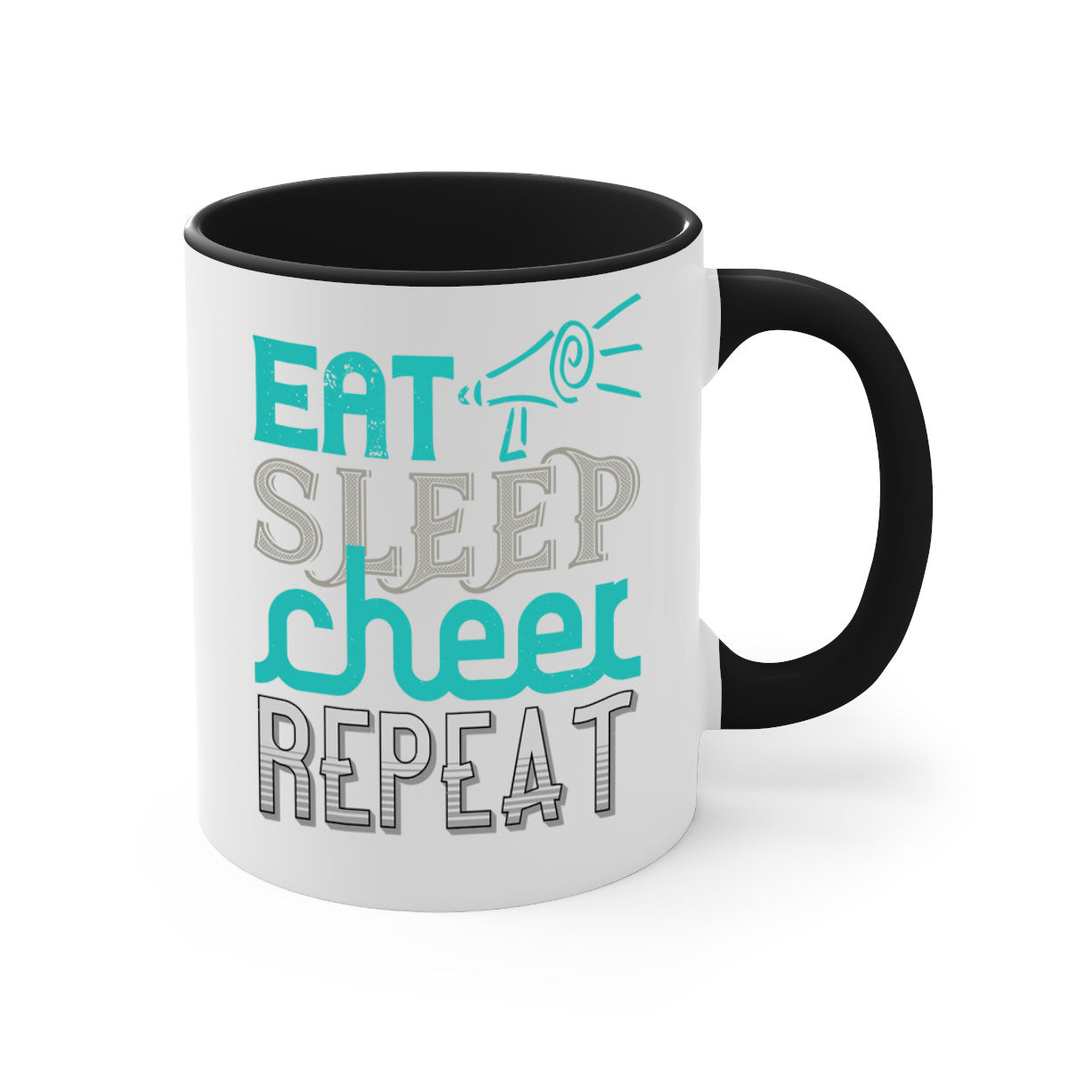 Eat Sleep Cheer Repeat Mug with colorful handle and interior, showcasing a glossy finish and available in multiple colors.