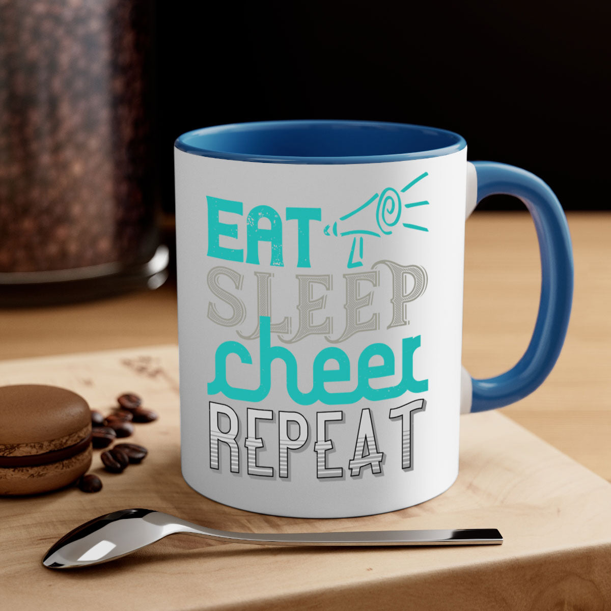 Eat Sleep Cheer Repeat Mug with colorful handle and interior, showcasing a glossy finish and available in multiple colors.