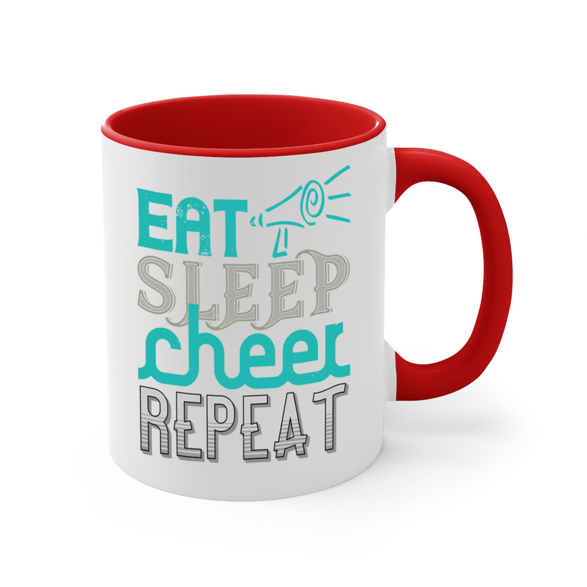 Eat Sleep Cheer Repeat Mug with colorful handle and interior, showcasing a glossy finish and available in multiple colors.