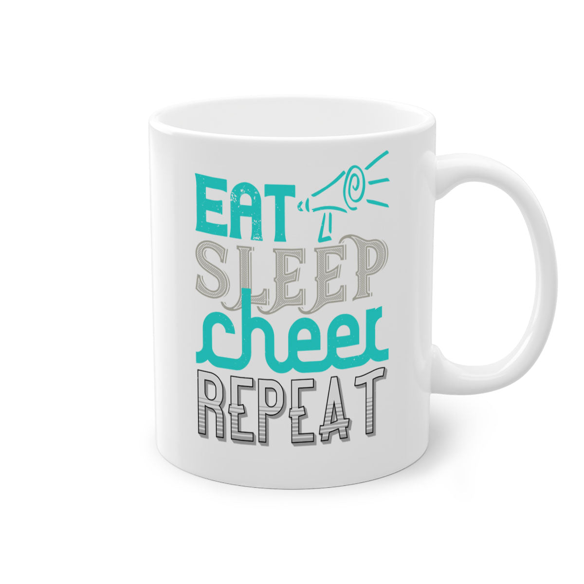 Eat Sleep Cheer Repeat Mug with colorful handle and interior, showcasing a glossy finish and available in multiple colors.
