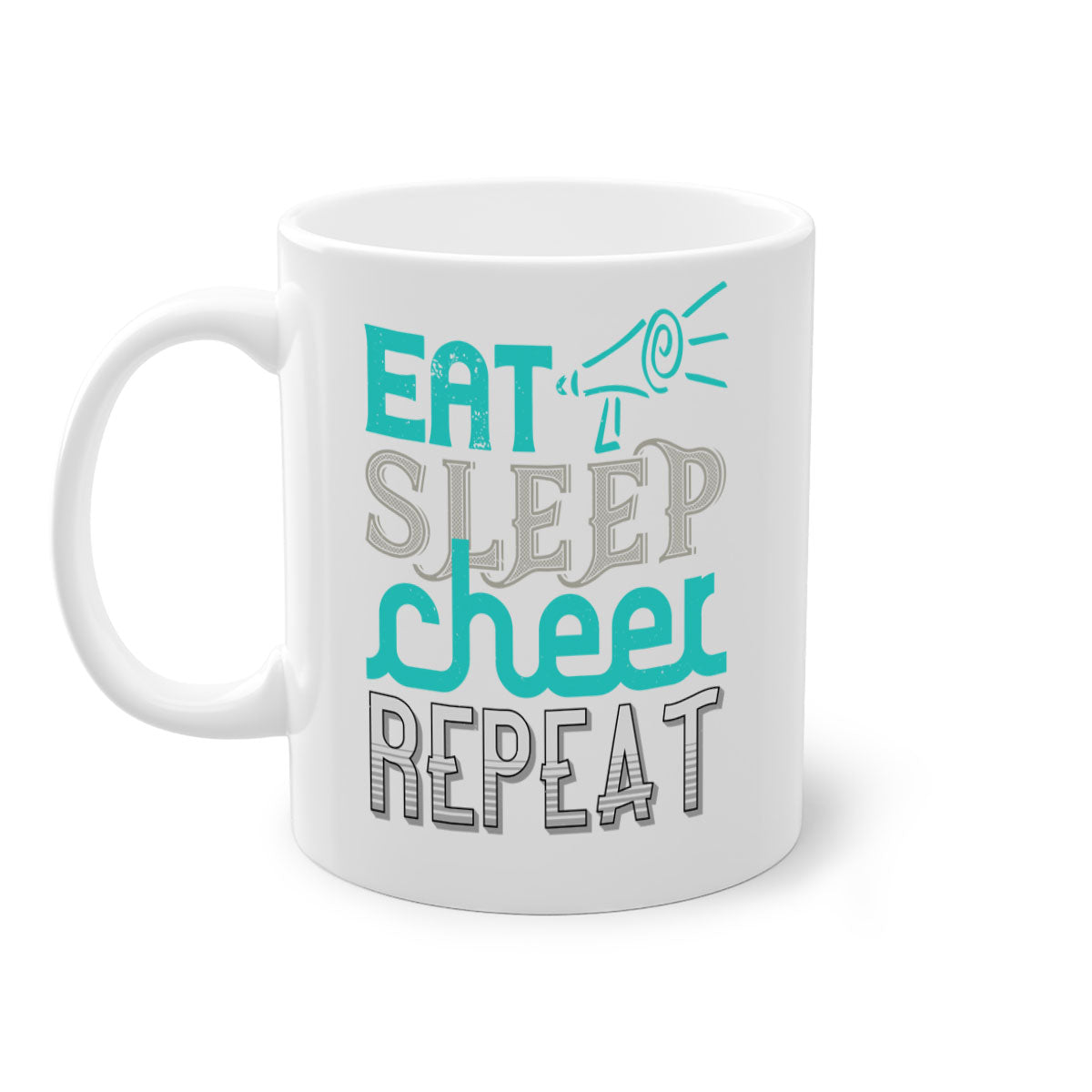 Eat Sleep Cheer Repeat Mug with colorful handle and interior, showcasing a glossy finish and available in multiple colors.