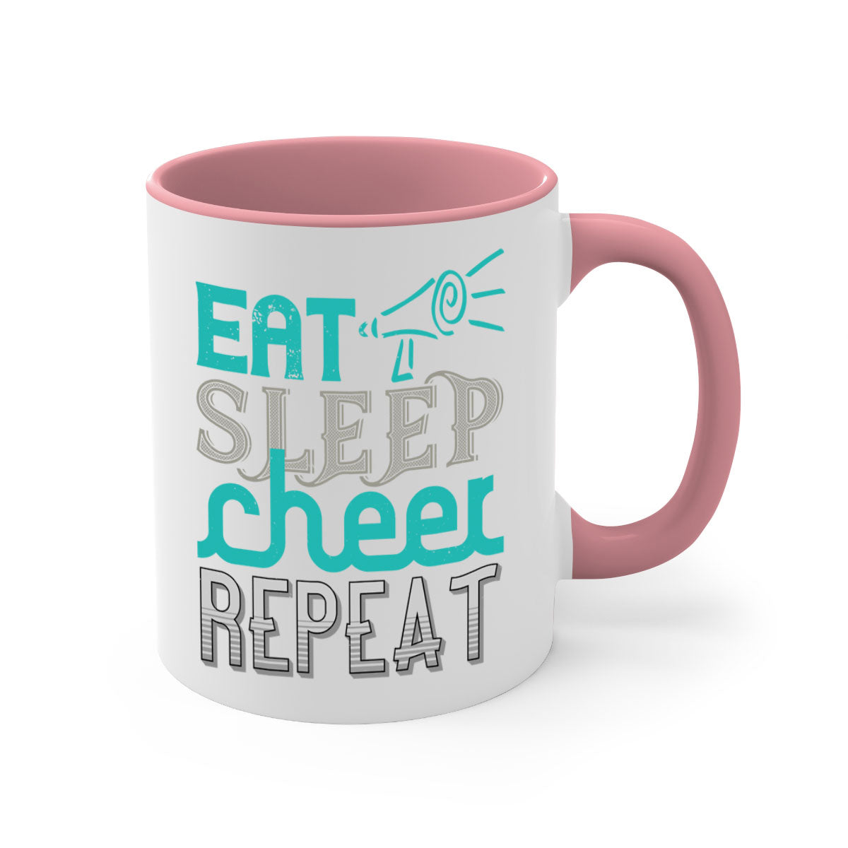 Eat Sleep Cheer Repeat Mug with colorful handle and interior, showcasing a glossy finish and available in multiple colors.