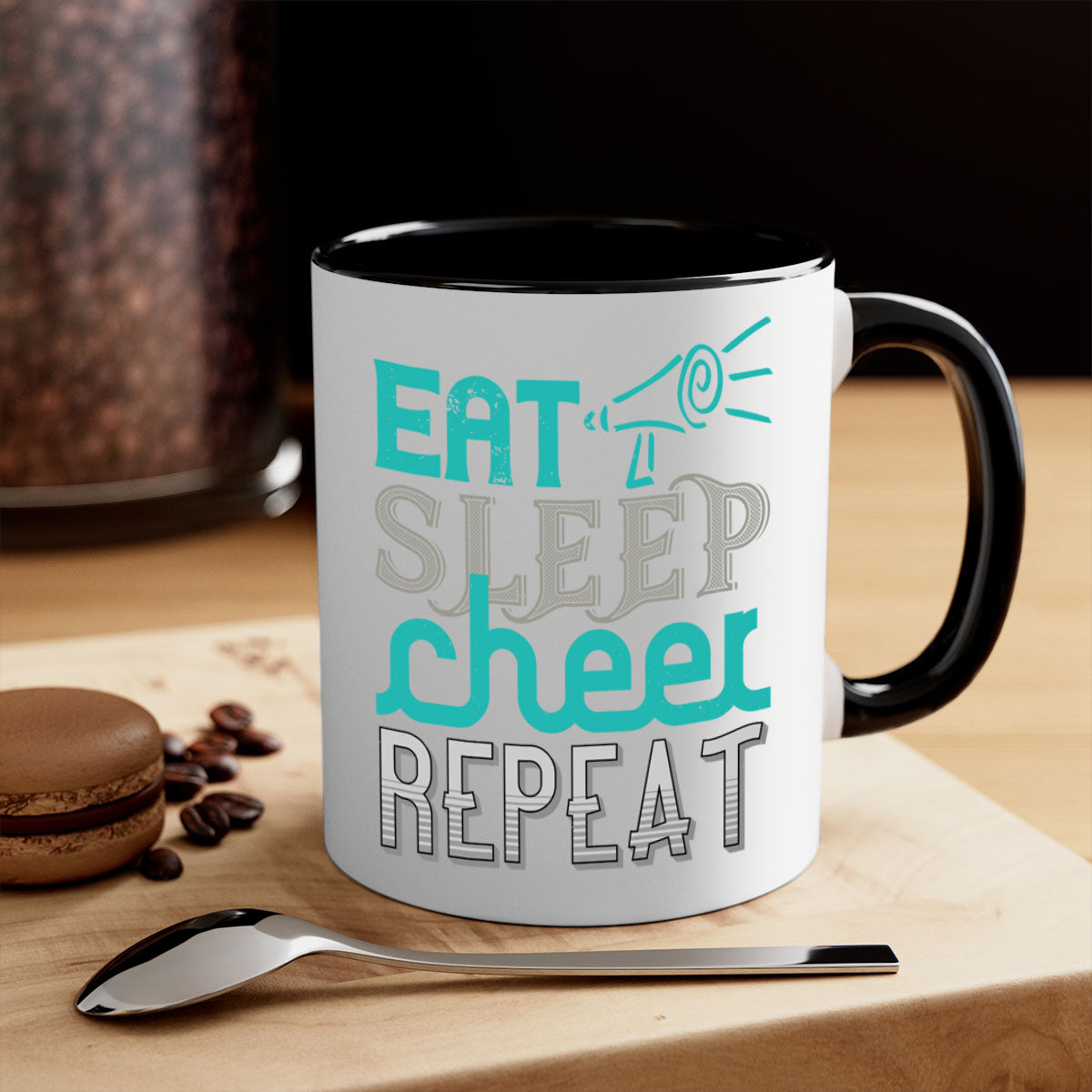 Eat Sleep Cheer Repeat Mug with colorful handle and interior, showcasing a glossy finish and available in multiple colors.