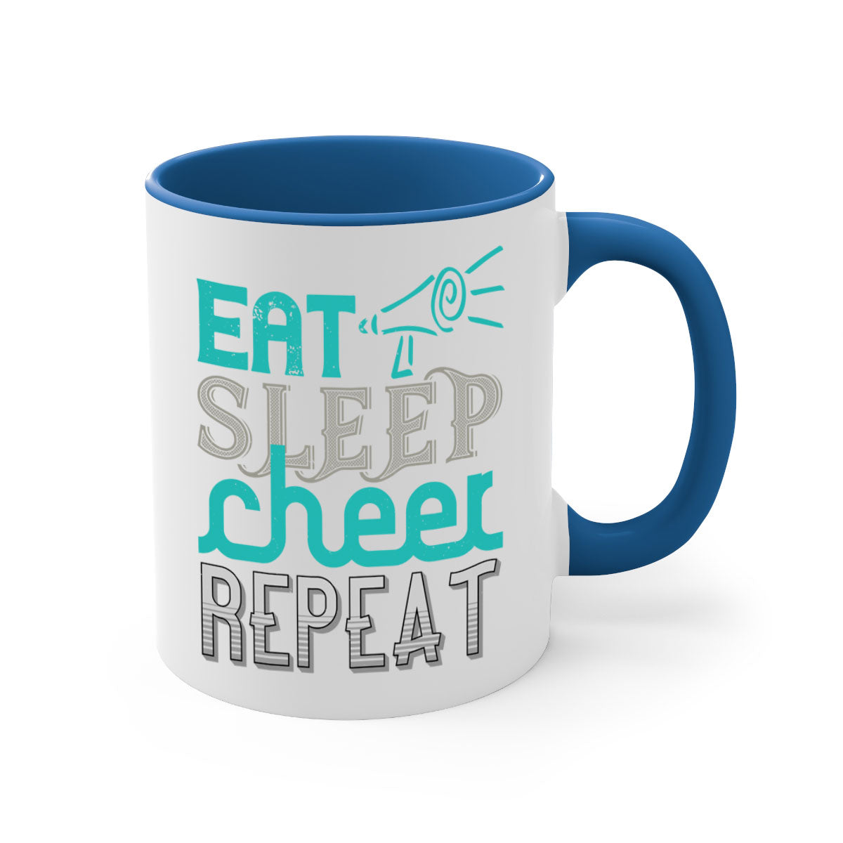 Eat Sleep Cheer Repeat Mug with colorful handle and interior, showcasing a glossy finish and available in multiple colors.