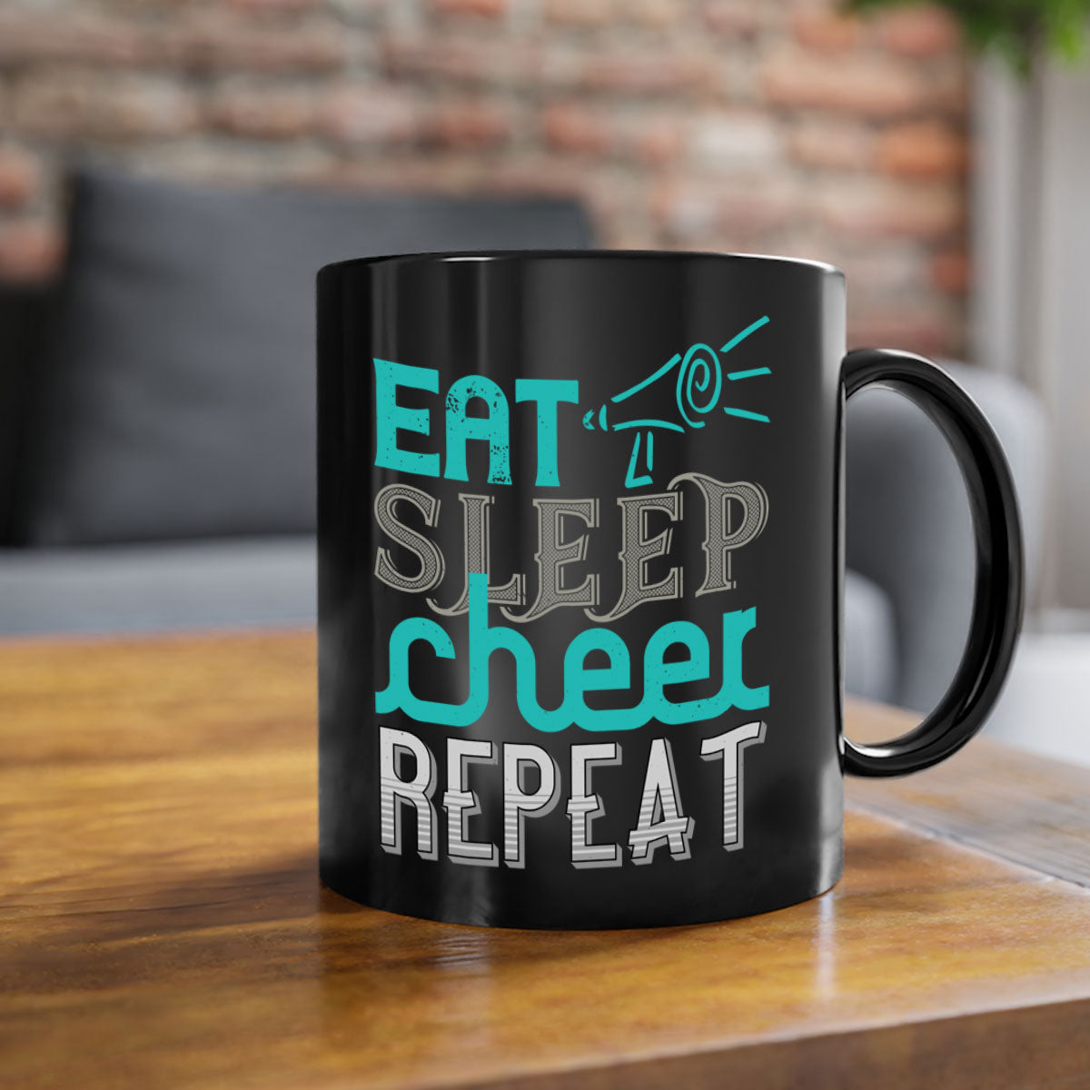 Eat Sleep Cheer Repeat Mug with colorful handle and interior, showcasing a glossy finish and available in multiple colors.