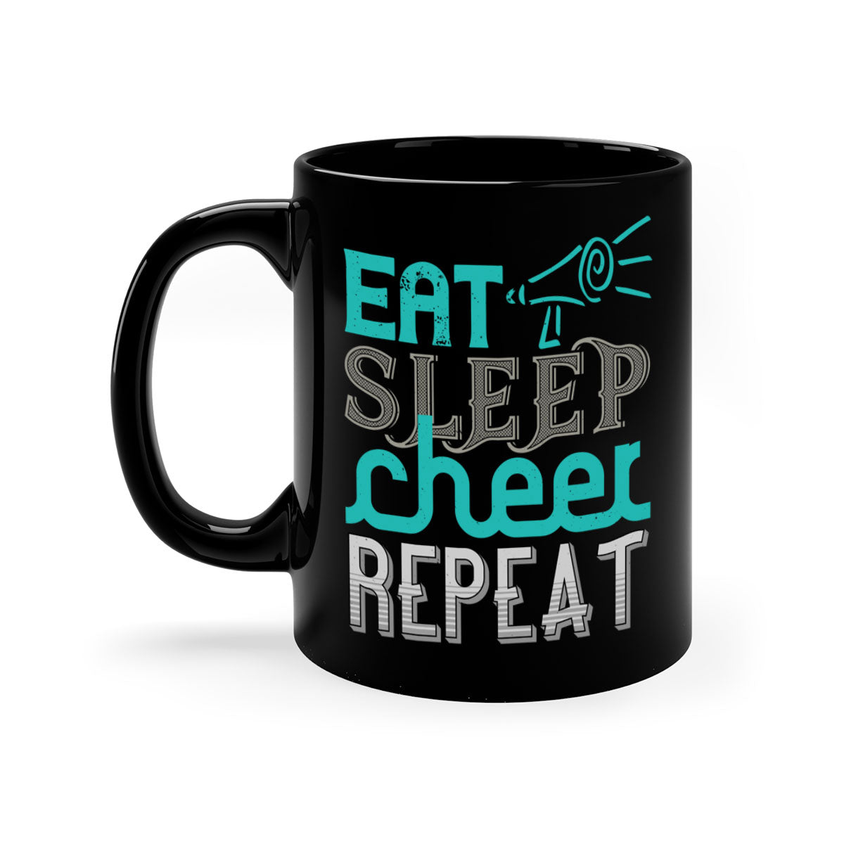 Eat Sleep Cheer Repeat Mug with colorful handle and interior, showcasing a glossy finish and available in multiple colors.
