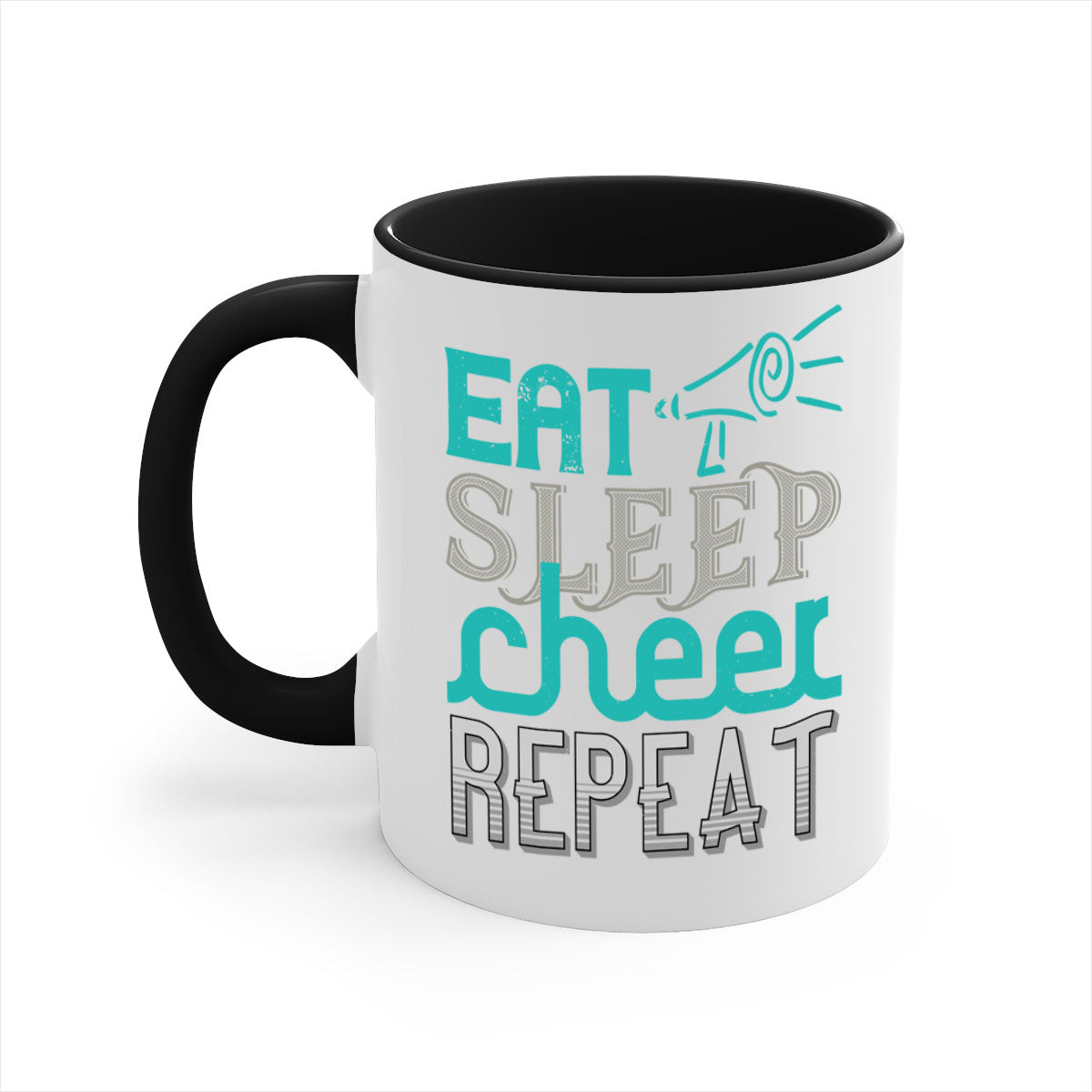 Eat Sleep Cheer Repeat Mug with colorful handle and interior, showcasing a glossy finish and available in multiple colors.