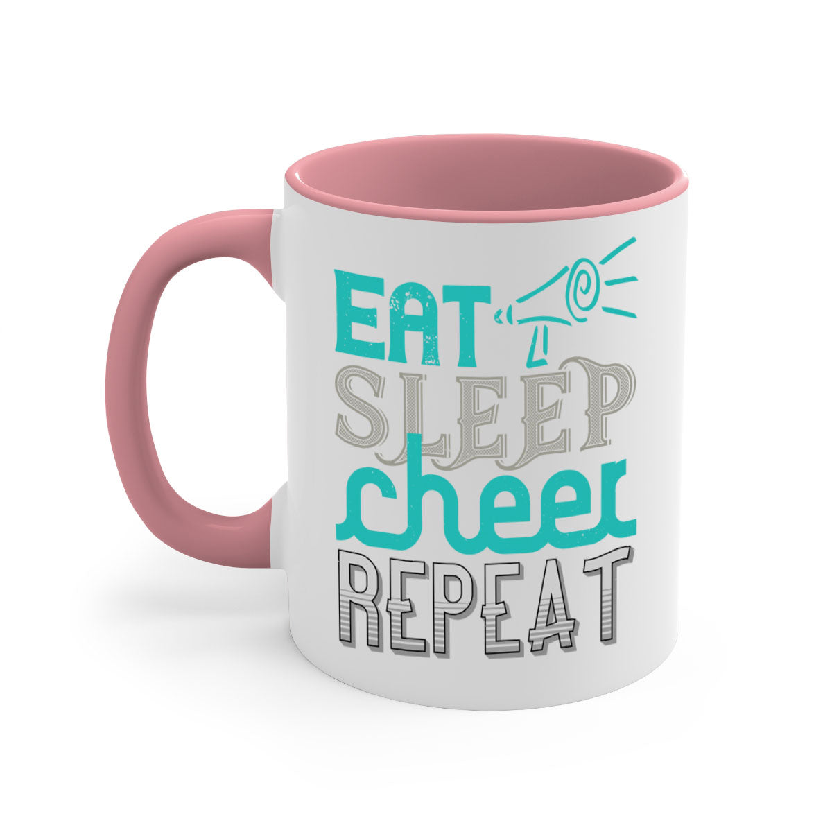 Eat Sleep Cheer Repeat Mug with colorful handle and interior, showcasing a glossy finish and available in multiple colors.