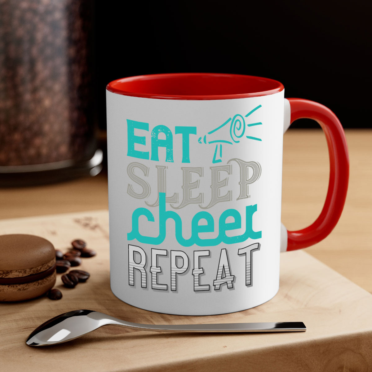 Eat Sleep Cheer Repeat Mug with colorful handle and interior, showcasing a glossy finish and available in multiple colors.