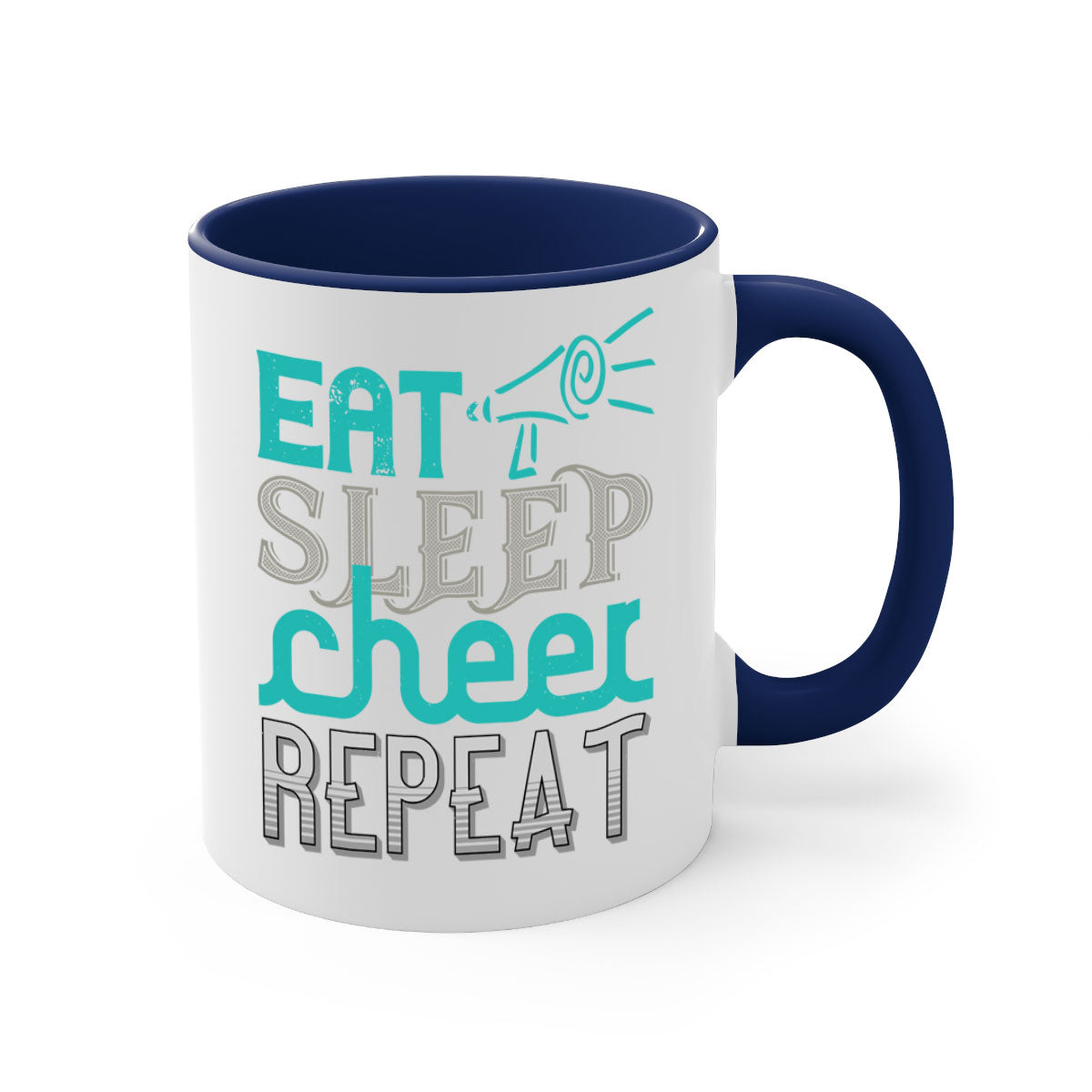 Eat Sleep Cheer Repeat Mug with colorful handle and interior, showcasing a glossy finish and available in multiple colors.