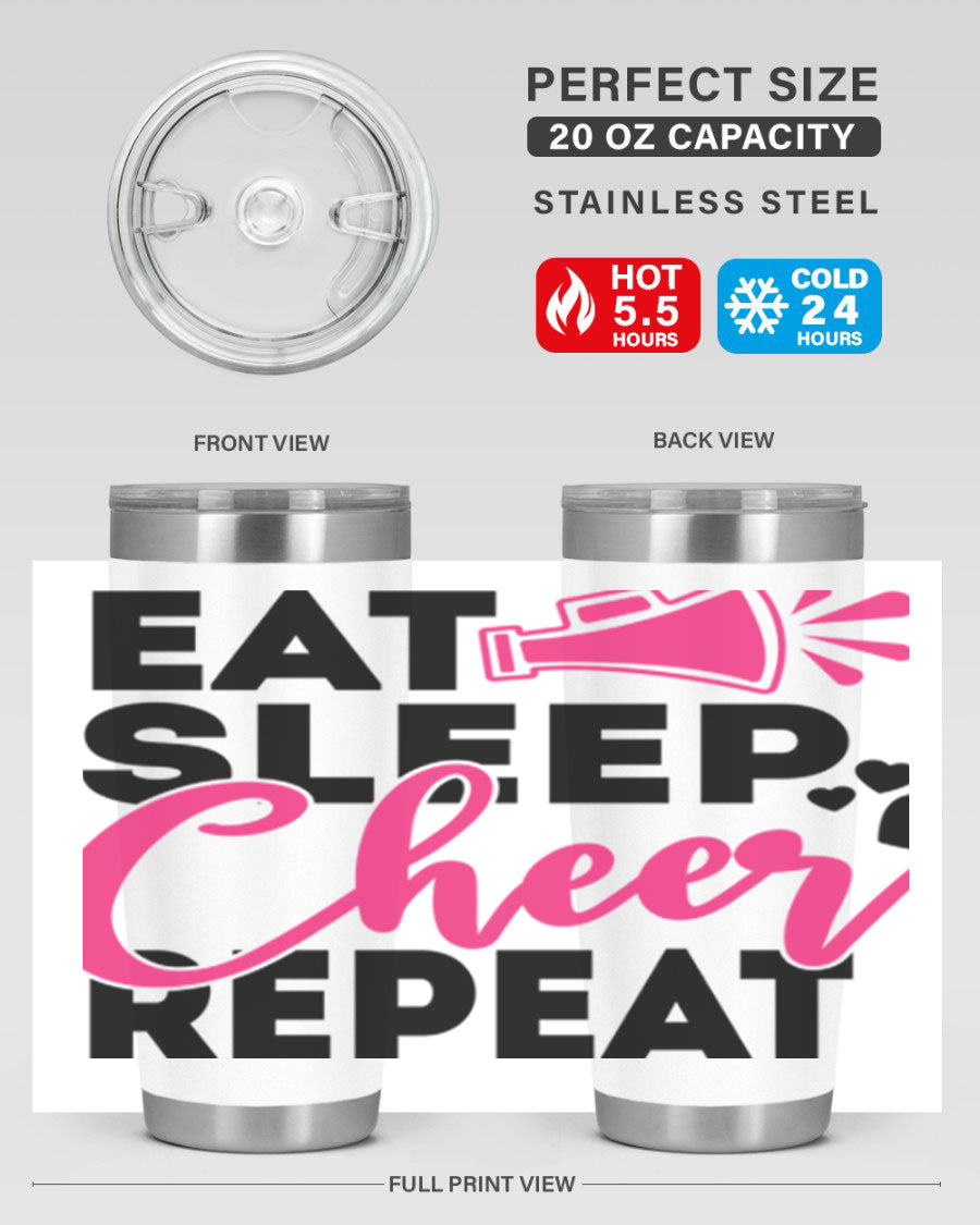 Eat Sleep Cheer Repeat 20oz Tumbler made of stainless steel with a vibrant cheer-themed design.