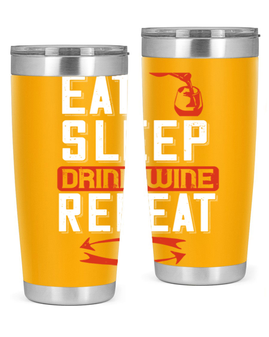 A stylish 'Eat Sleep Drink Wine Repeat' tumbler in stainless steel, featuring a double wall vacuum design and a drink-thru lid, perfect for wine lovers.