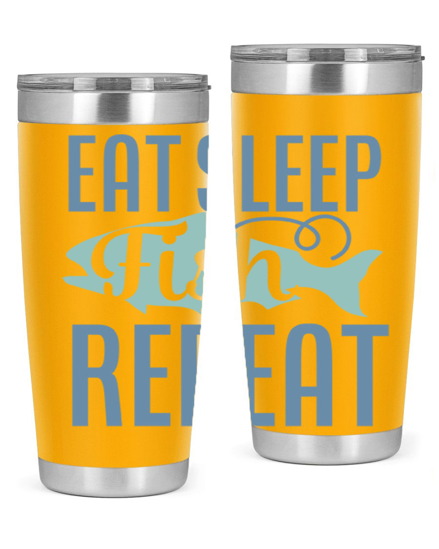 20oz stainless steel tumbler with 'Eat Sleep Fish Repeat 222#' design, featuring double wall vacuum insulation and a drink-thru lid.
