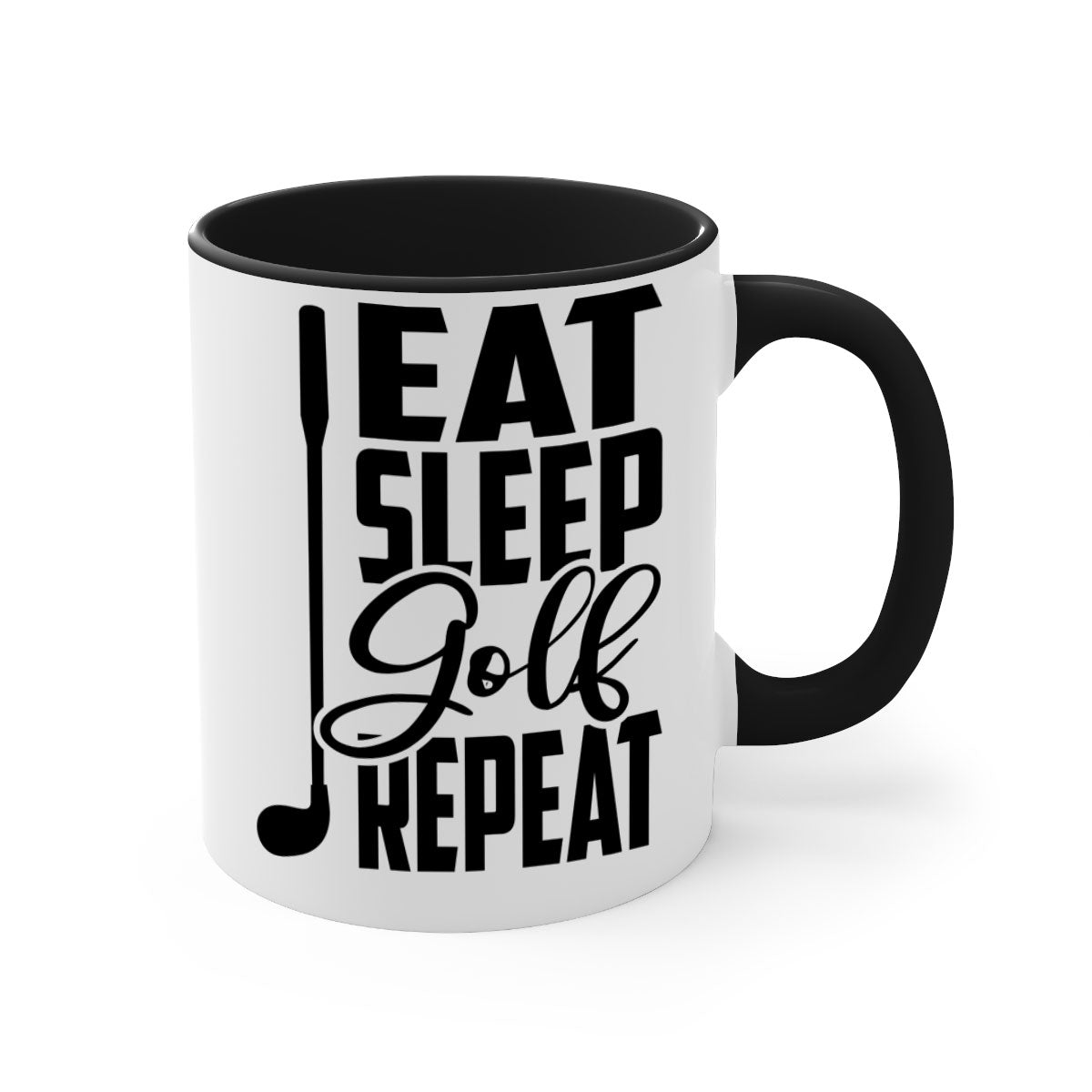 Eat Sleep Golf Repeat Mug with colorful handle and glossy finish, perfect for coffee and tea lovers.