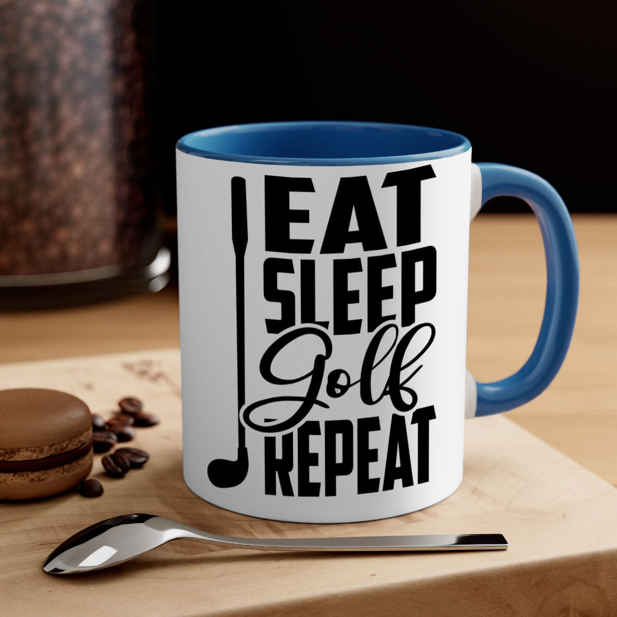 Eat Sleep Golf Repeat Mug with colorful handle and glossy finish, perfect for coffee and tea lovers.
