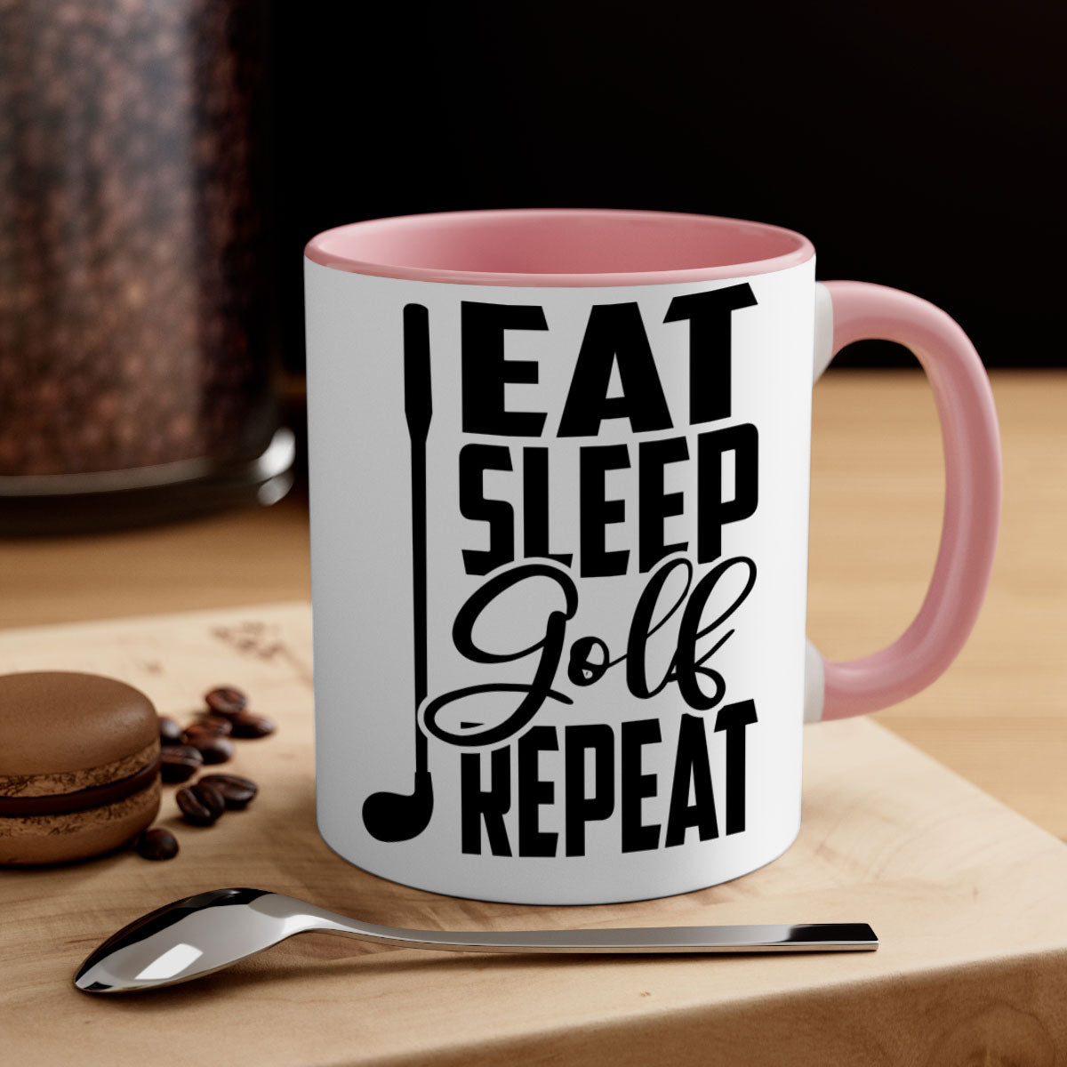 Eat Sleep Golf Repeat Mug with colorful handle and glossy finish, perfect for coffee and tea lovers.