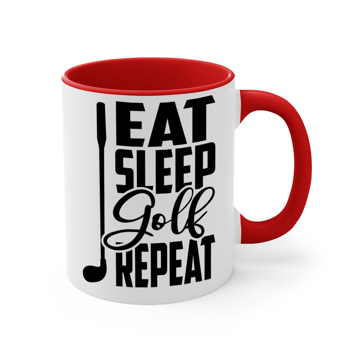 Eat Sleep Golf Repeat Mug with colorful handle and glossy finish, perfect for coffee and tea lovers.