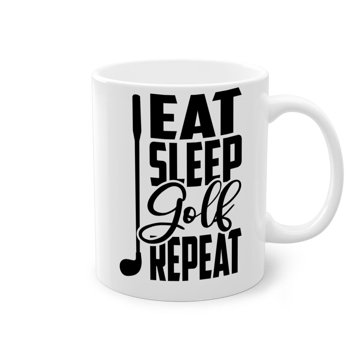 Eat Sleep Golf Repeat Mug with colorful handle and glossy finish, perfect for coffee and tea lovers.