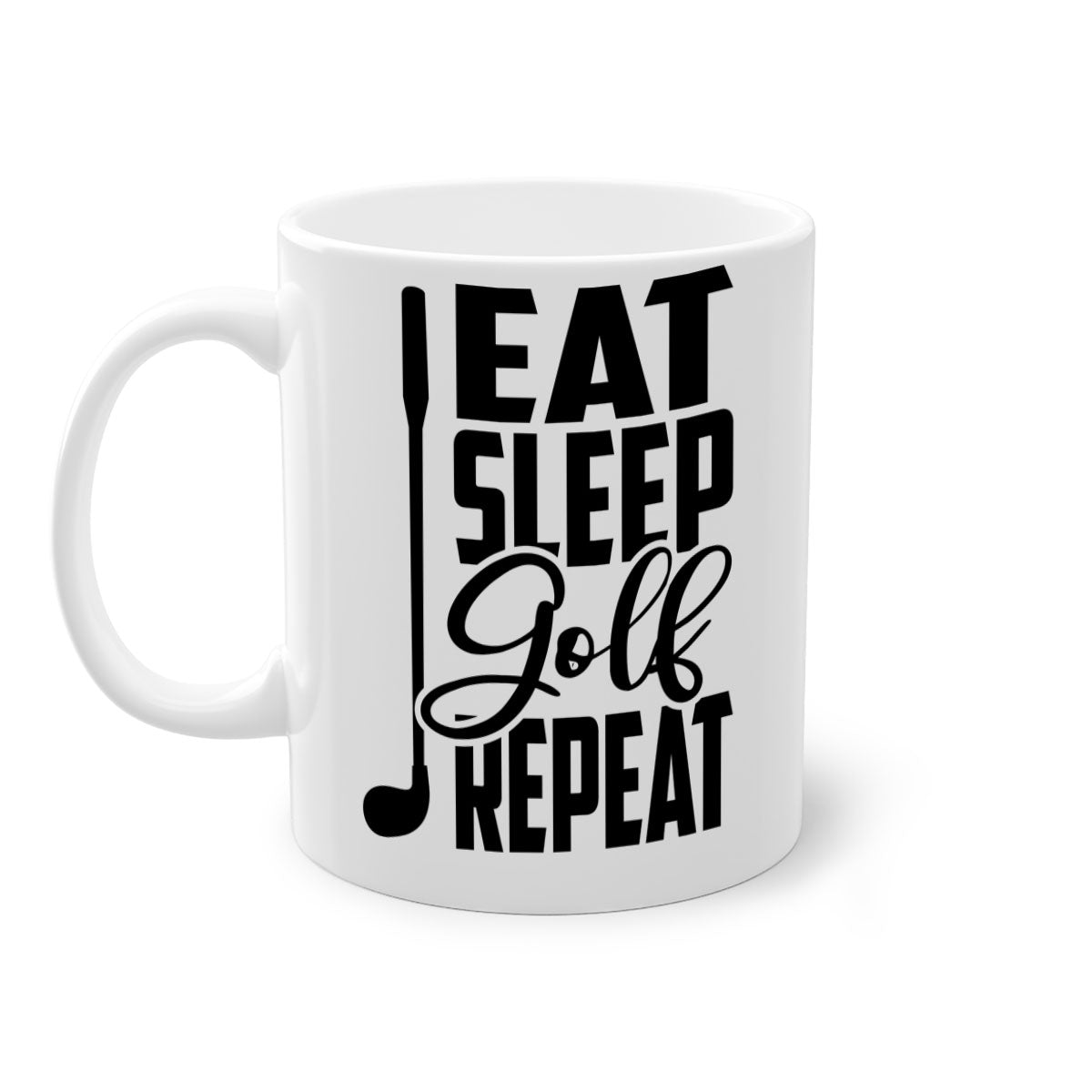 Eat Sleep Golf Repeat Mug with colorful handle and glossy finish, perfect for coffee and tea lovers.