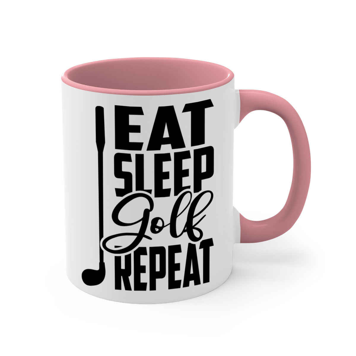 Eat Sleep Golf Repeat Mug with colorful handle and glossy finish, perfect for coffee and tea lovers.