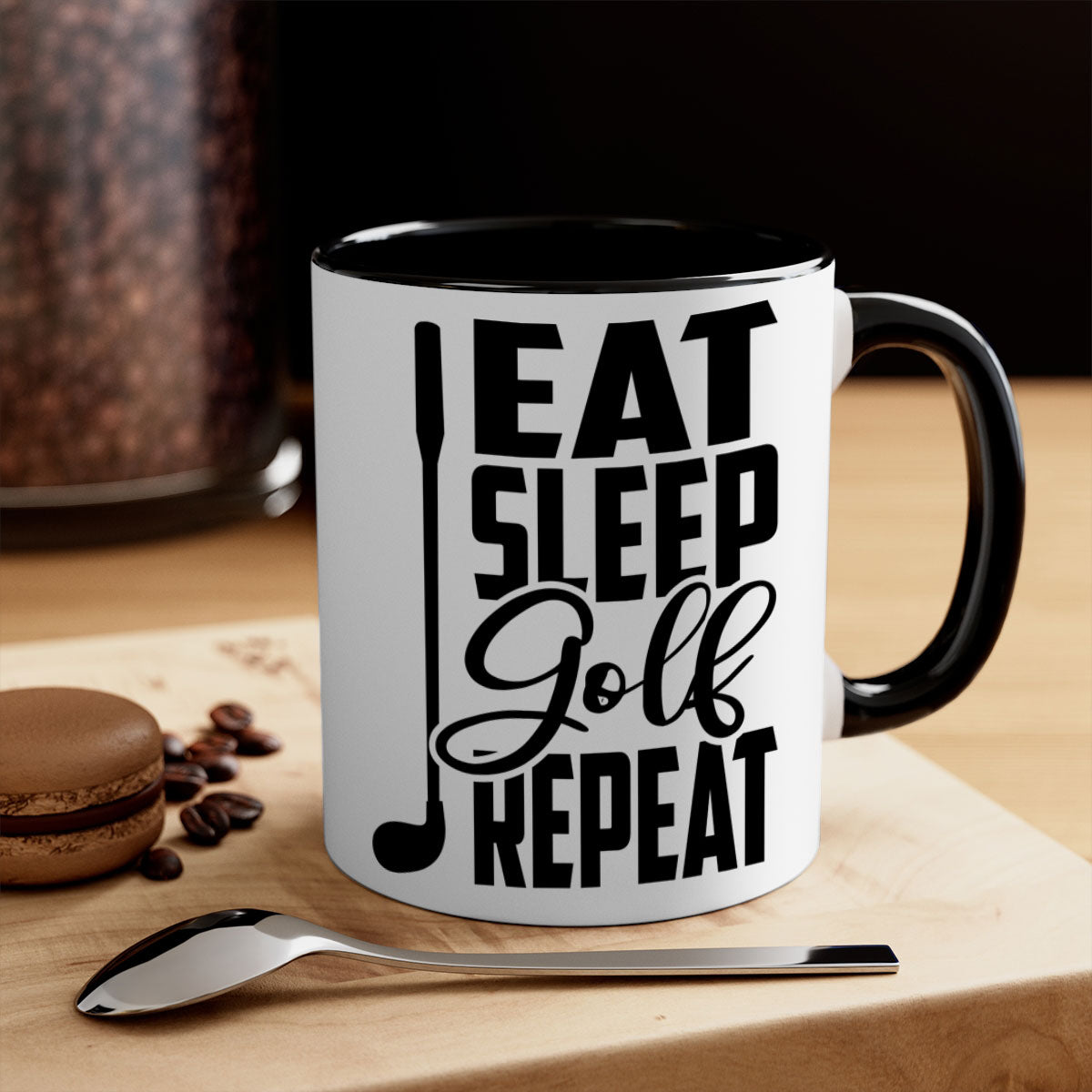 Eat Sleep Golf Repeat Mug with colorful handle and glossy finish, perfect for coffee and tea lovers.