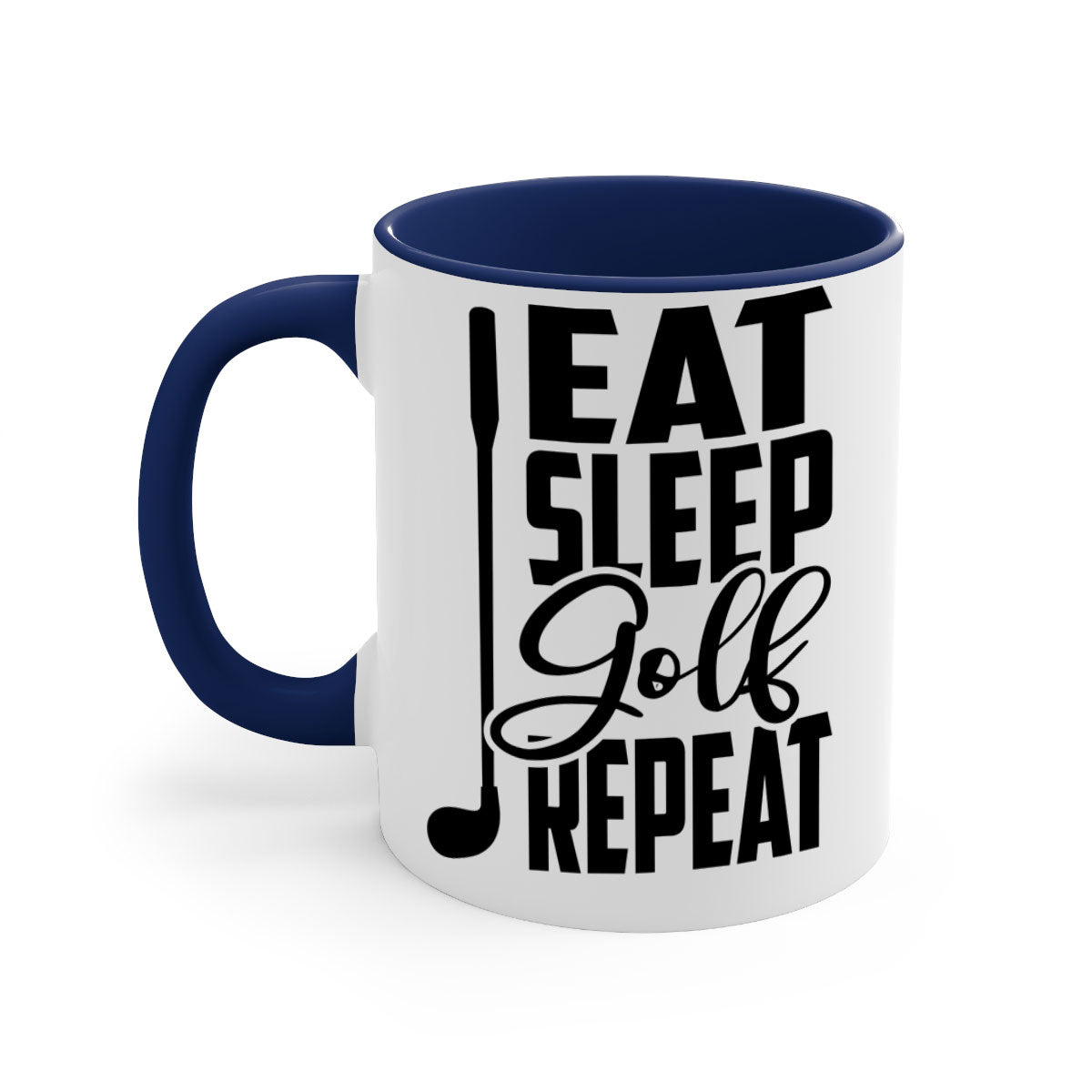 Eat Sleep Golf Repeat Mug with colorful handle and glossy finish, perfect for coffee and tea lovers.