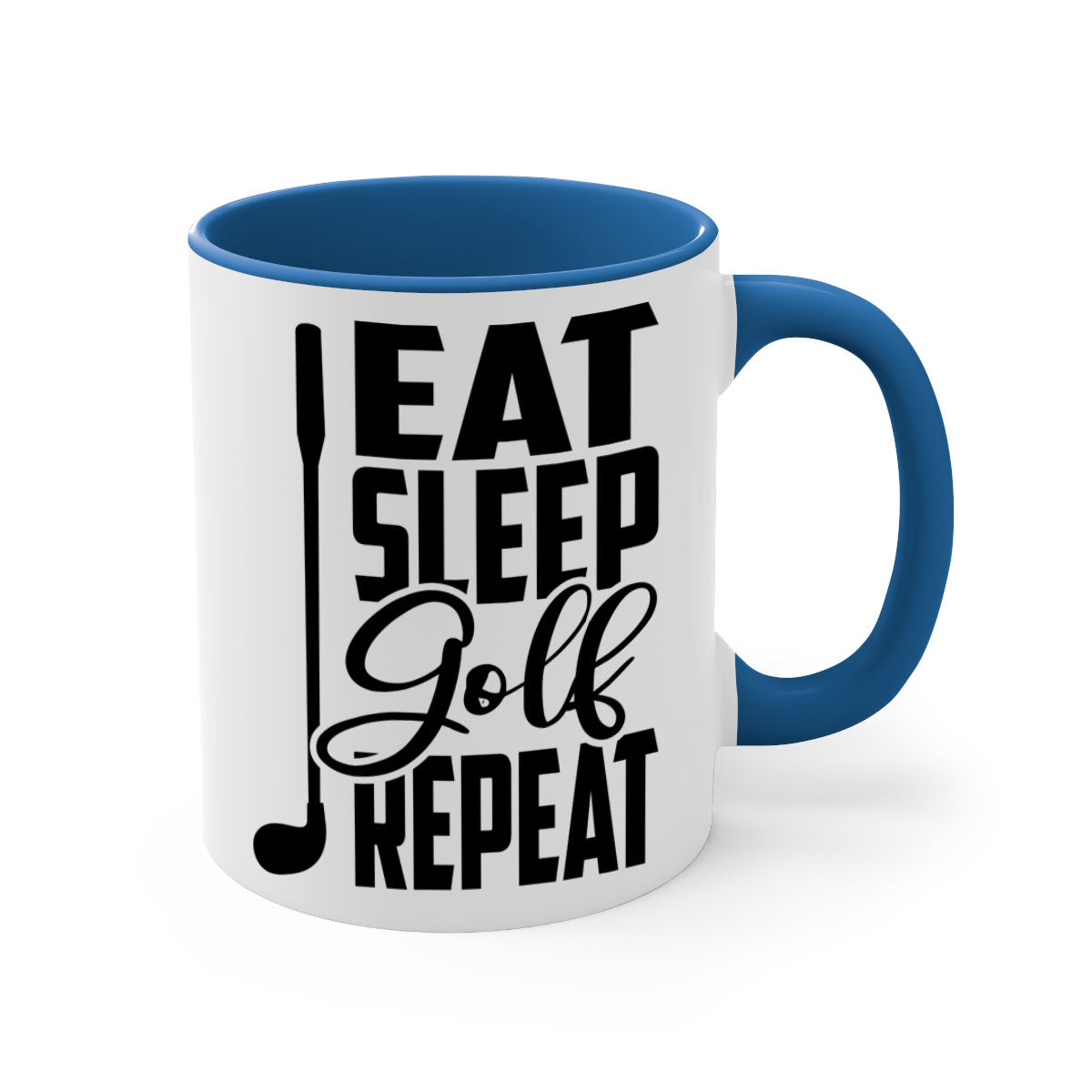Eat Sleep Golf Repeat Mug with colorful handle and glossy finish, perfect for coffee and tea lovers.