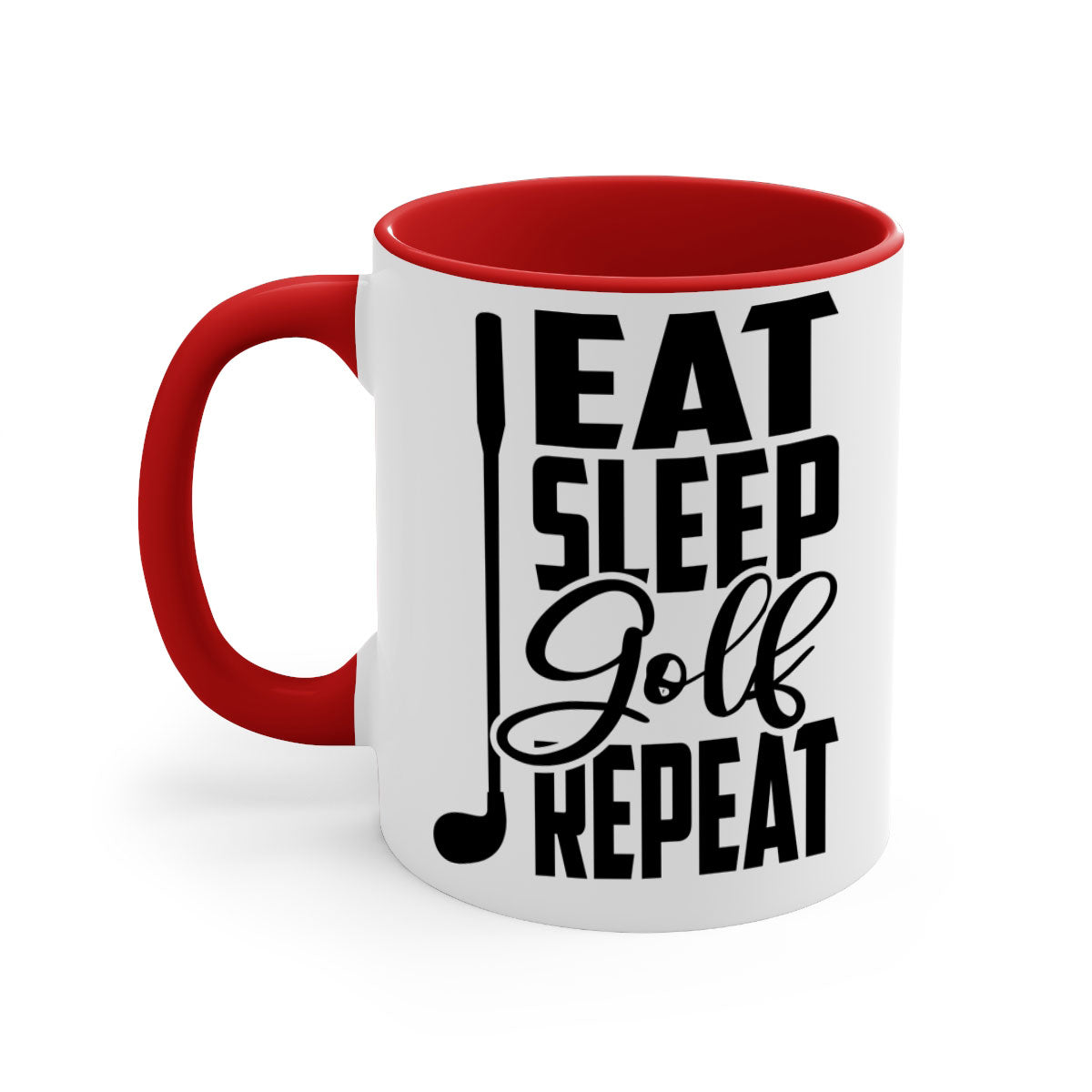 Eat Sleep Golf Repeat Mug with colorful handle and glossy finish, perfect for coffee and tea lovers.
