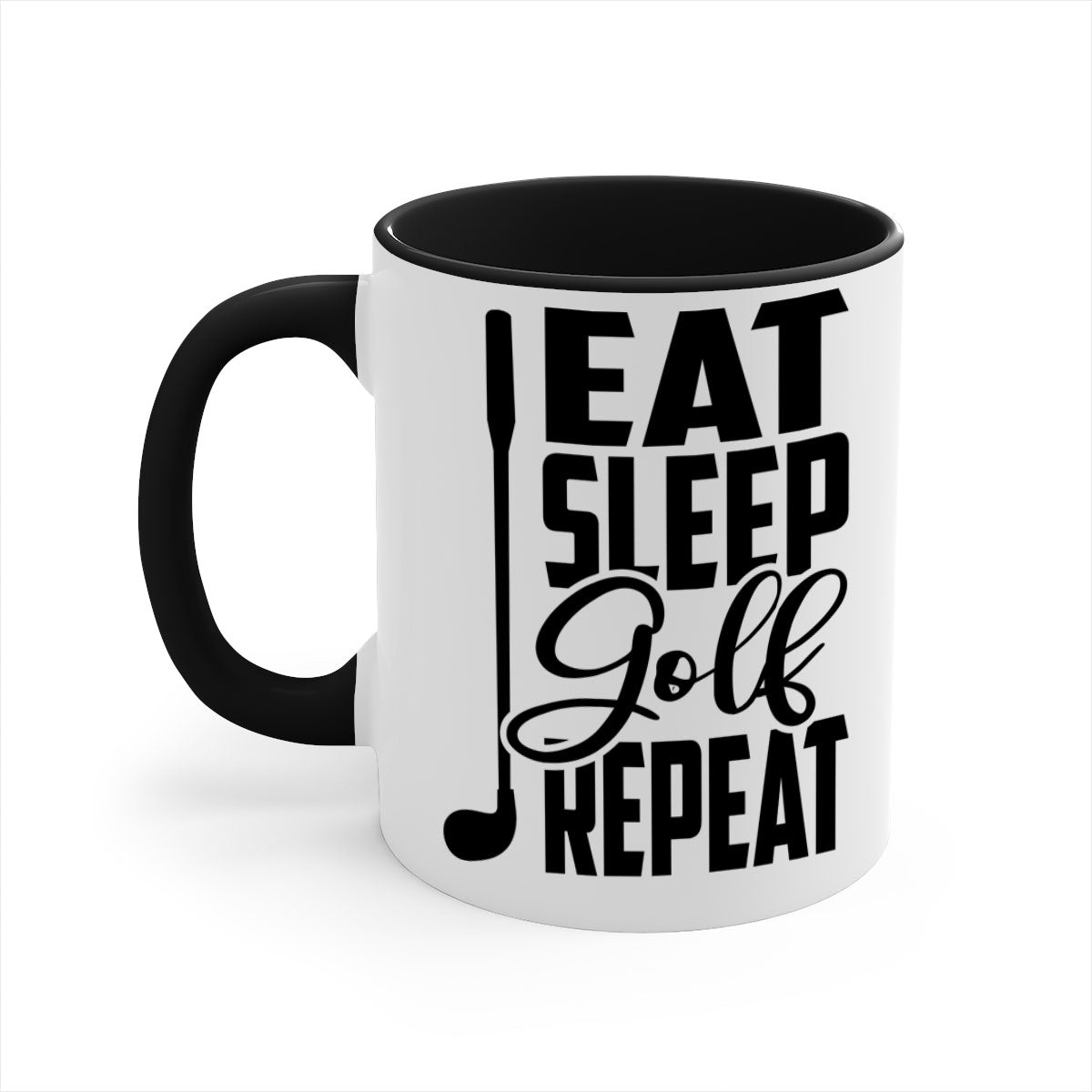 Eat Sleep Golf Repeat Mug with colorful handle and glossy finish, perfect for coffee and tea lovers.