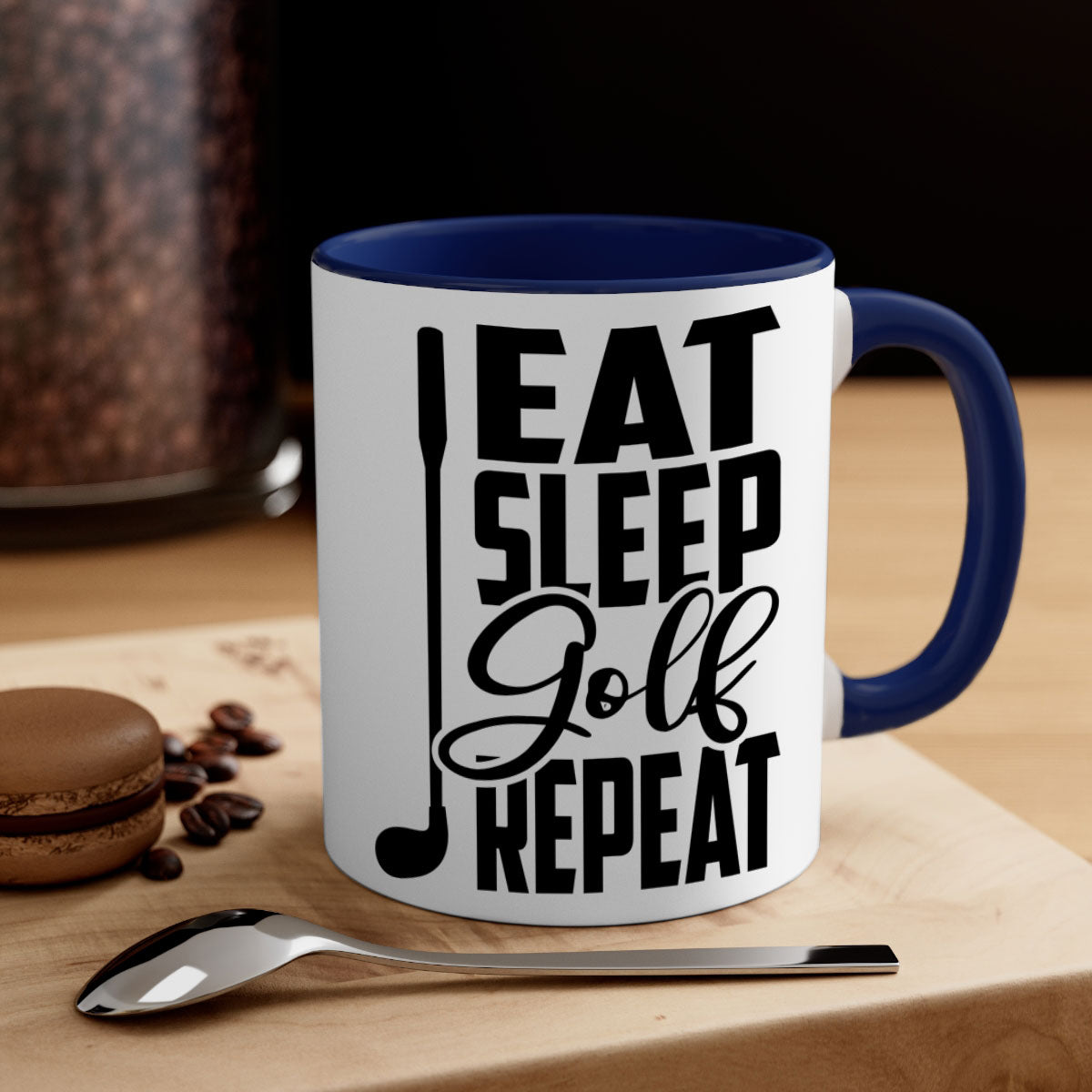 Eat Sleep Golf Repeat Mug with colorful handle and glossy finish, perfect for coffee and tea lovers.