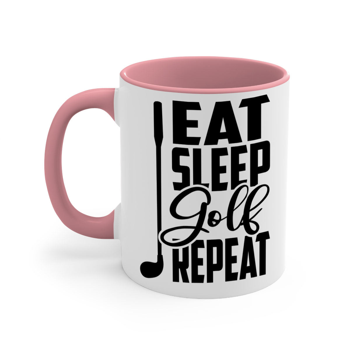 Eat Sleep Golf Repeat Mug with colorful handle and glossy finish, perfect for coffee and tea lovers.