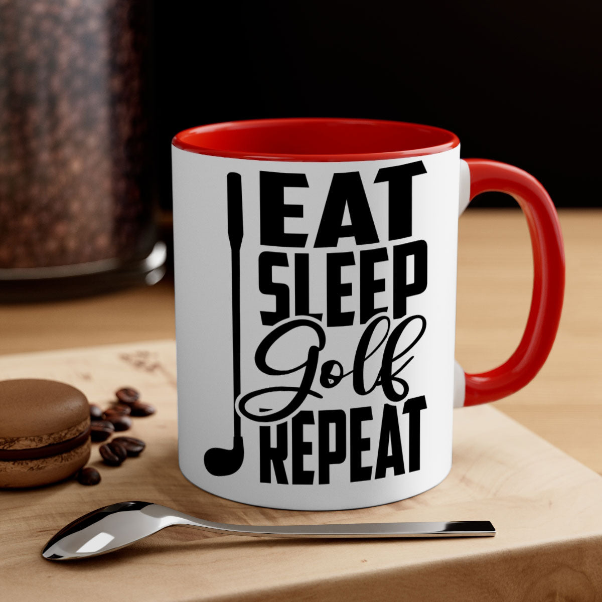 Eat Sleep Golf Repeat Mug with colorful handle and glossy finish, perfect for coffee and tea lovers.