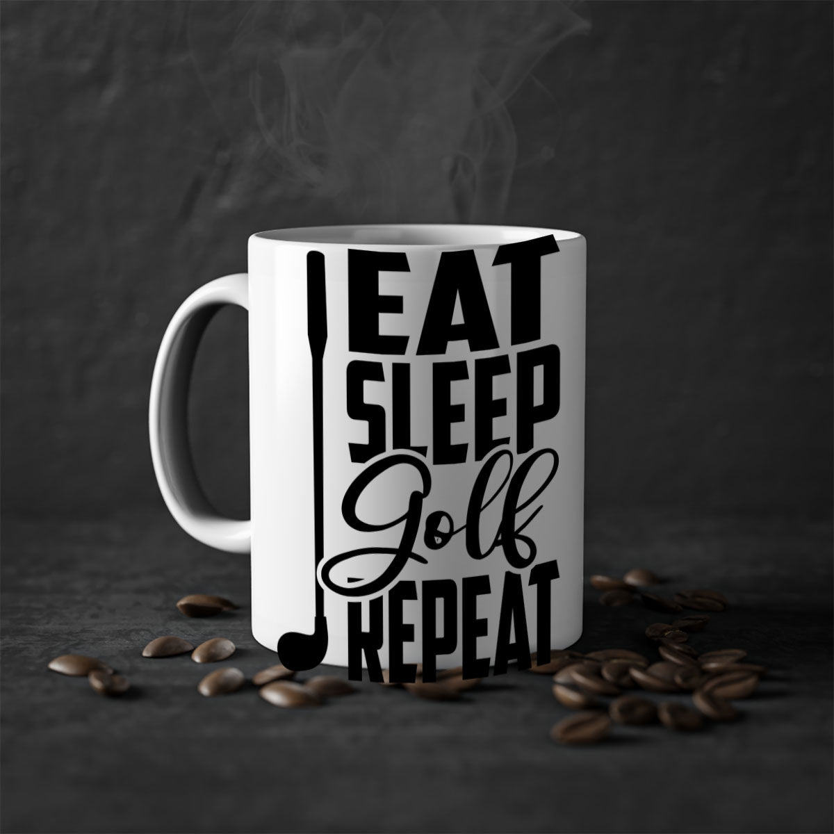 Eat Sleep Golf Repeat Mug with colorful handle and glossy finish, perfect for coffee and tea lovers.