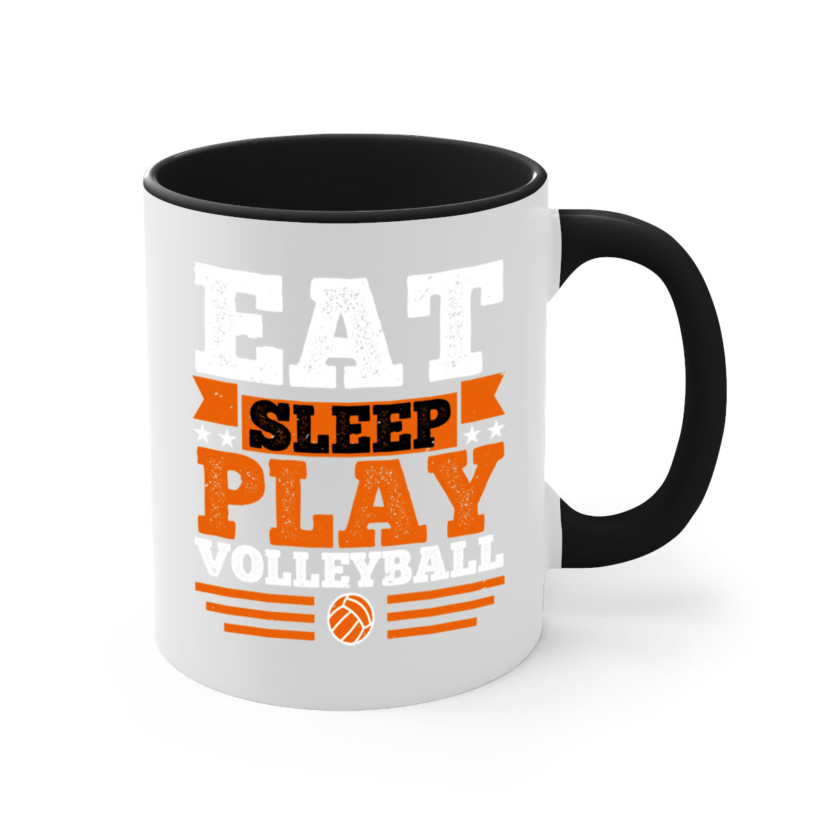 Eat Sleep Play Volleyball Mug with colorful handle and glossy finish, available in multiple colors and sizes.