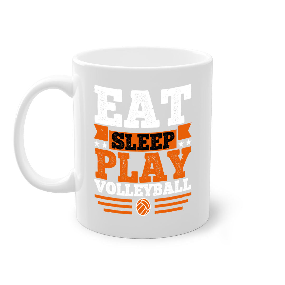 Eat Sleep Play Volleyball Mug with colorful handle and glossy finish, available in multiple colors and sizes.