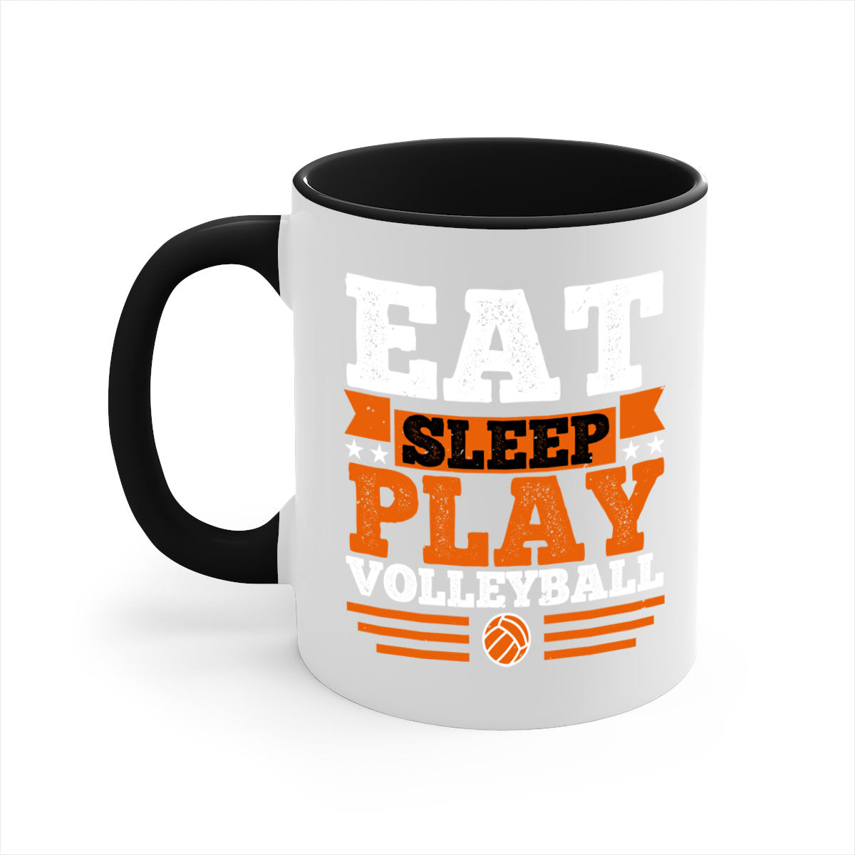 Eat Sleep Play Volleyball Mug with colorful handle and glossy finish, available in multiple colors and sizes.