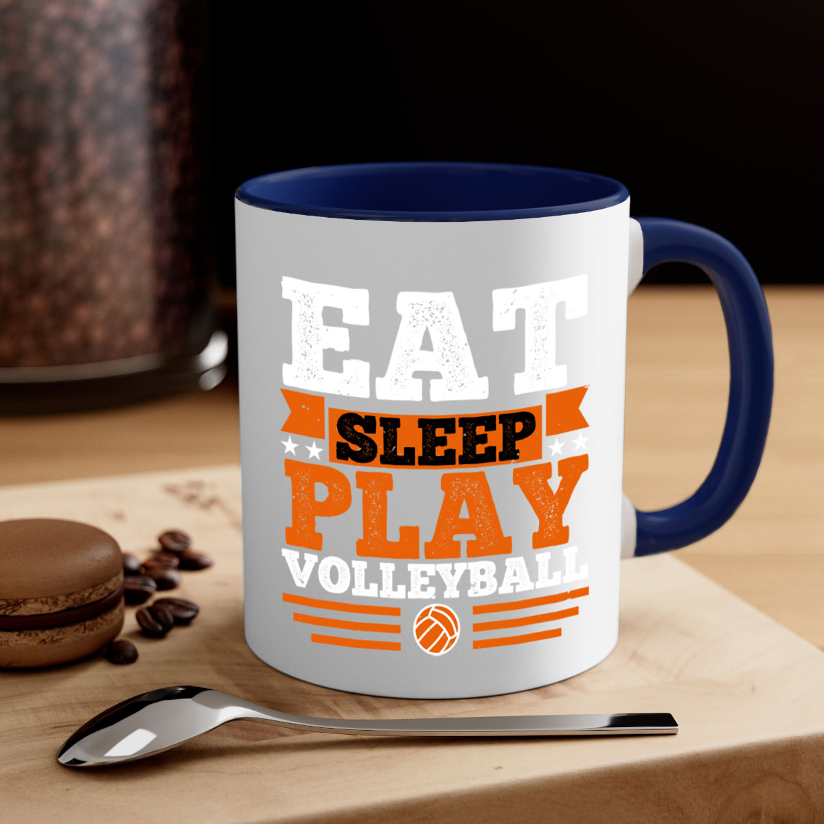 Eat Sleep Play Volleyball Mug with colorful handle and glossy finish, available in multiple colors and sizes.