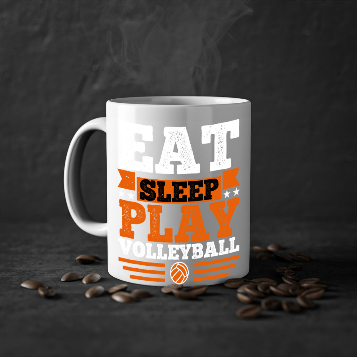 Eat Sleep Play Volleyball Mug with colorful handle and glossy finish, available in multiple colors and sizes.