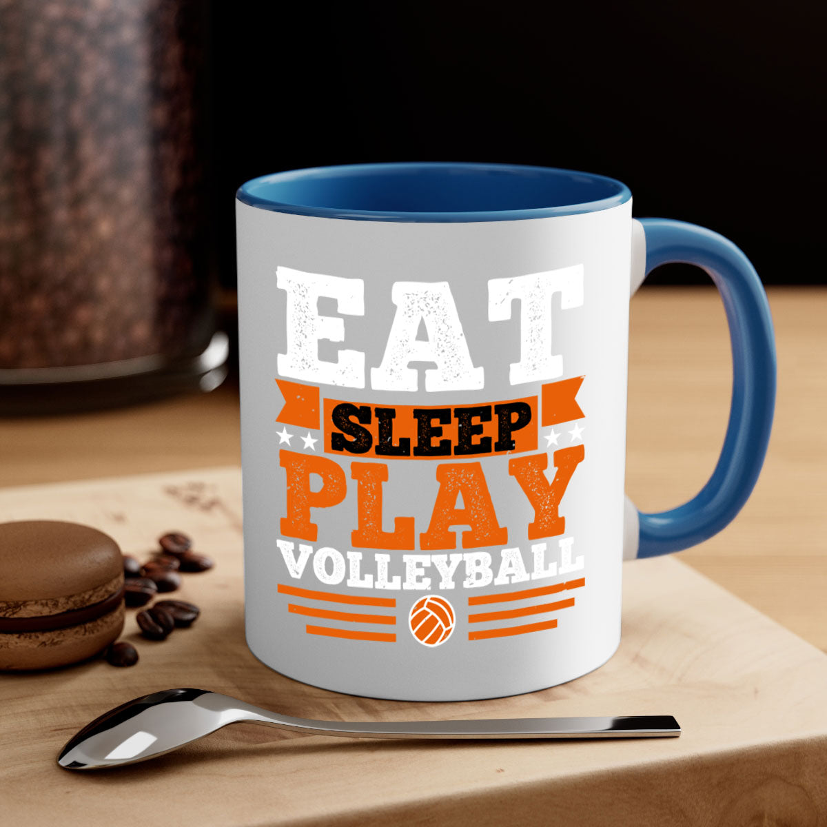 Eat Sleep Play Volleyball Mug with colorful handle and glossy finish, available in multiple colors and sizes.