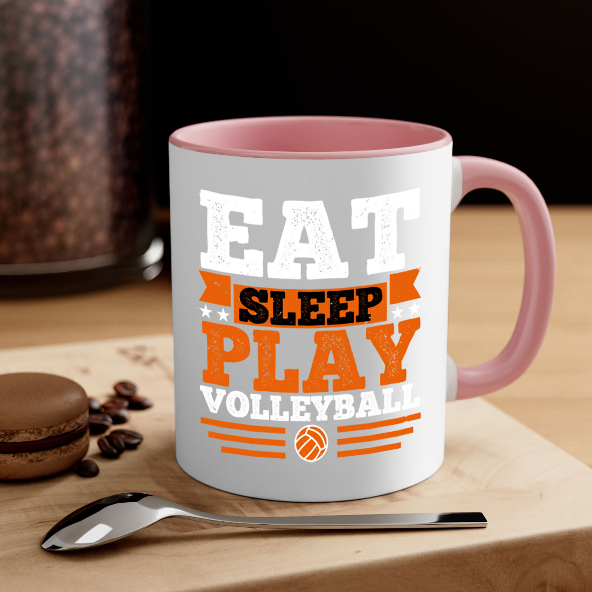 Eat Sleep Play Volleyball Mug with colorful handle and glossy finish, available in multiple colors and sizes.