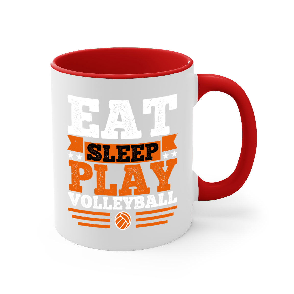 Eat Sleep Play Volleyball Mug with colorful handle and glossy finish, available in multiple colors and sizes.